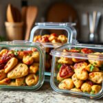 Cooked chicken pesto meal prep containers on a kitchen counter