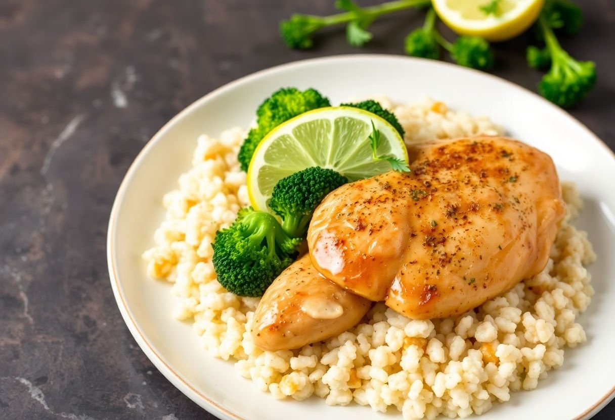 Lemon herb chicken with broccoli and rice