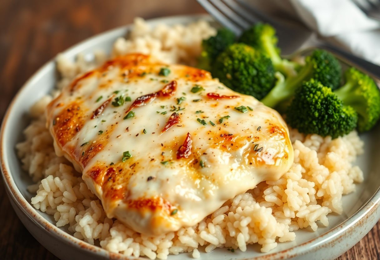 Garlic parmesan chicken with broccoli and rice