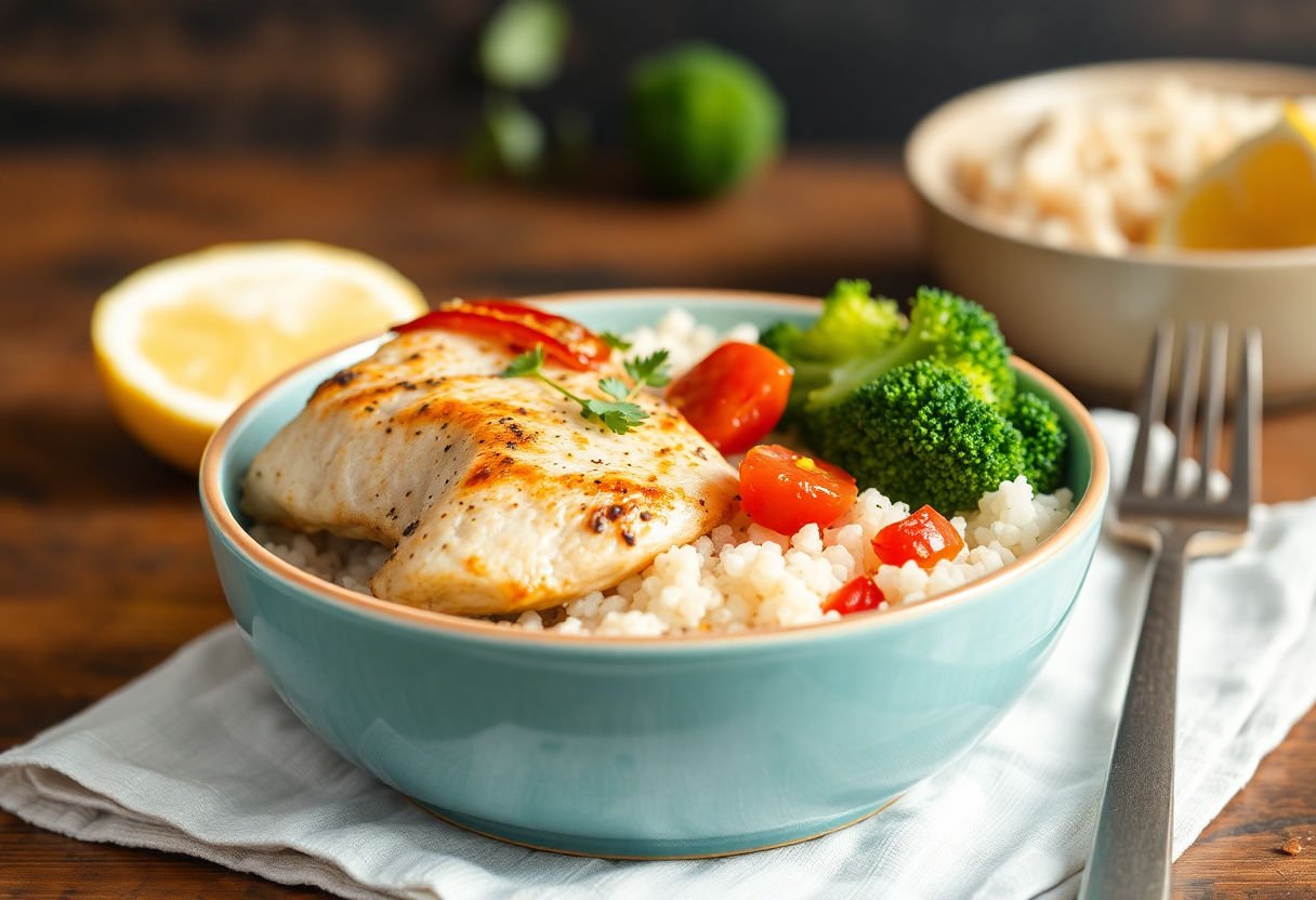 Mediterranean chicken with broccoli and rice