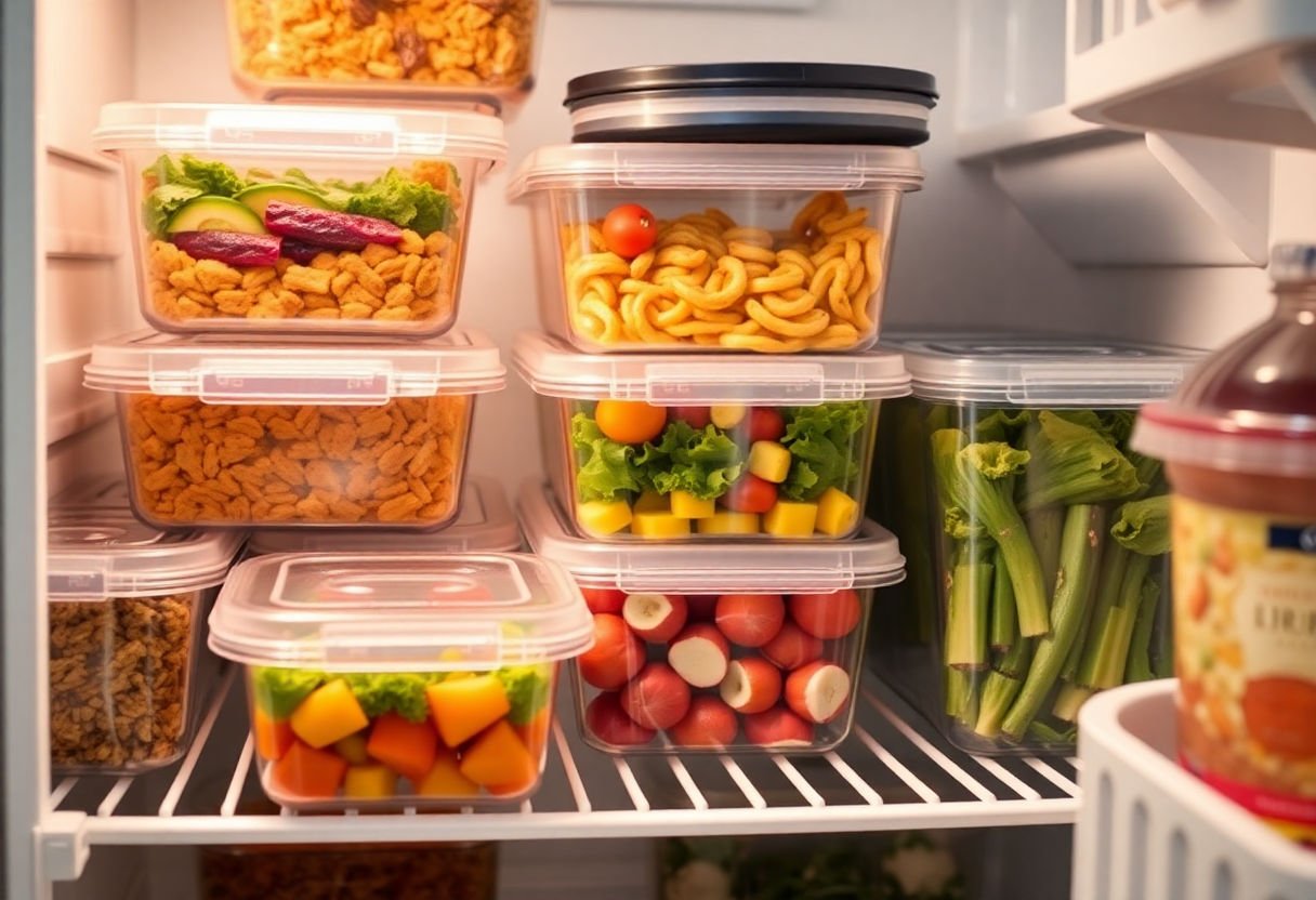 Meal prep containers in refrigerator