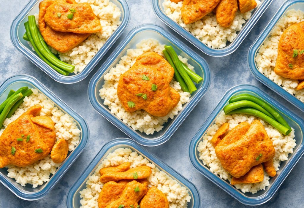 Prepared containers of high-protein chicken and rice meals