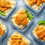 Prepared containers of high-protein chicken and rice meals