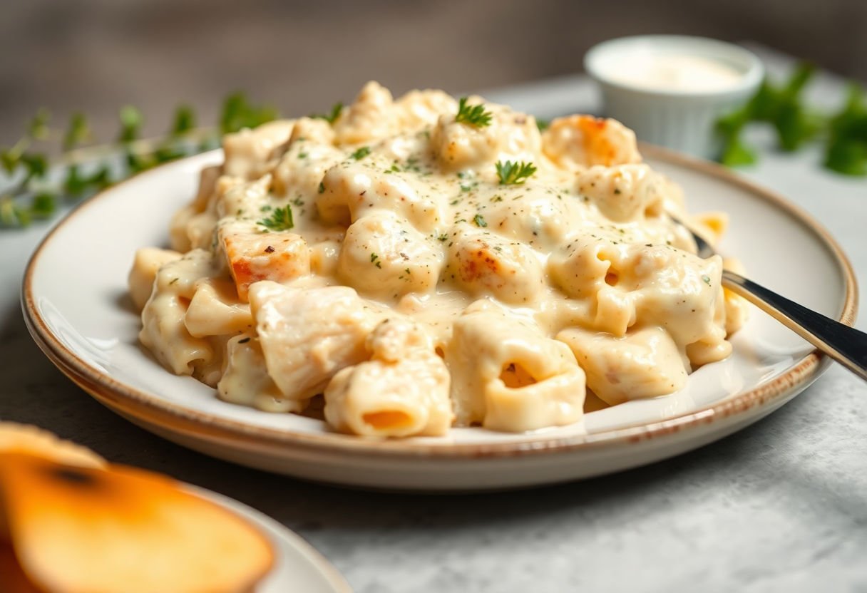 Plate of creamy chicken alfredo bake