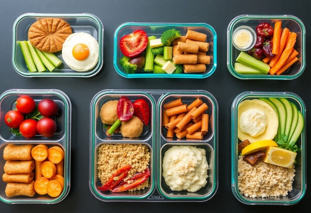 Various meal prep containers with delicious food neatly arranged.