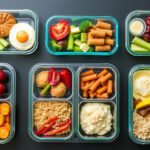 Various meal prep containers with delicious food neatly arranged.