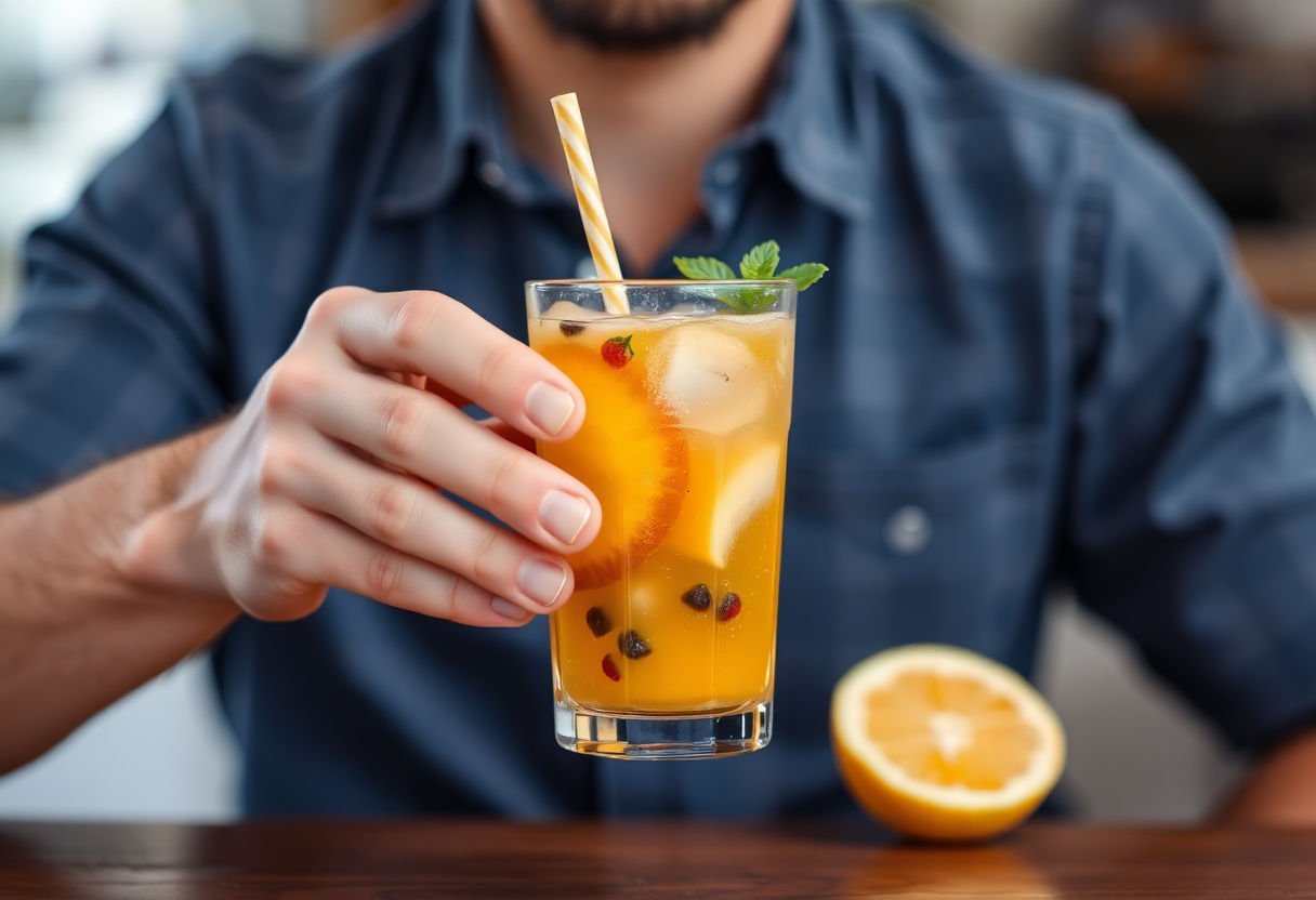 Person holding a refreshing fruit juice.