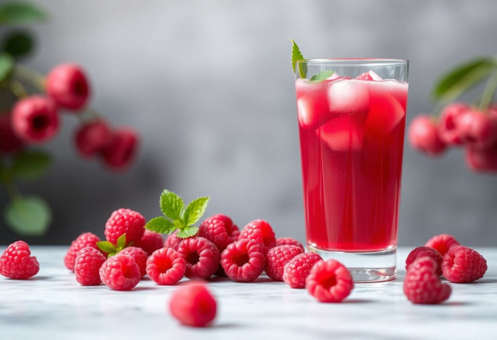 A refreshing glass of raspberry juice with fresh raspberries