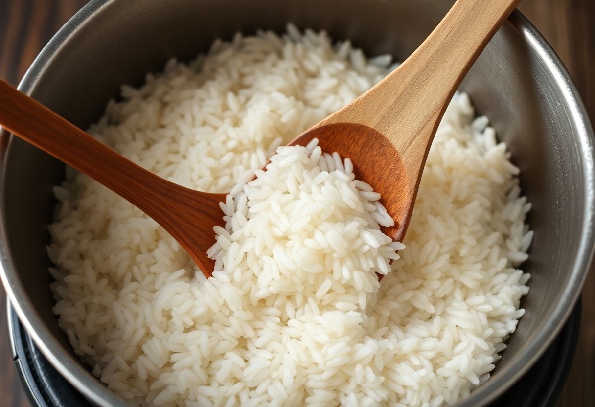 A pot of cooked rice with a wooden spoon