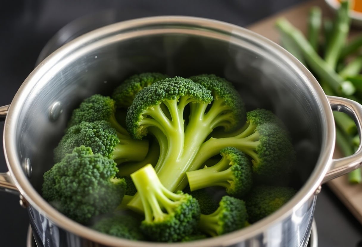 Broccoli being steamed in a pot