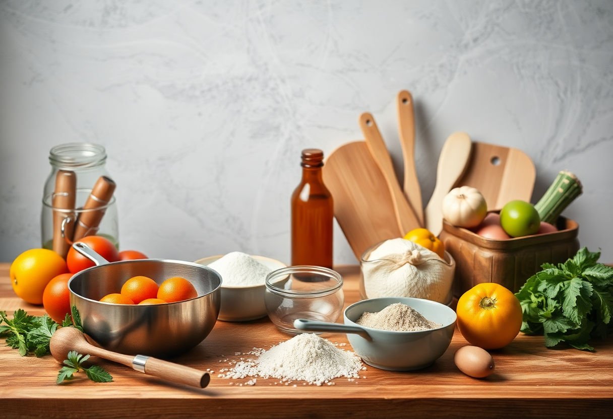 Kitchen tools and ingredients laid out on a table