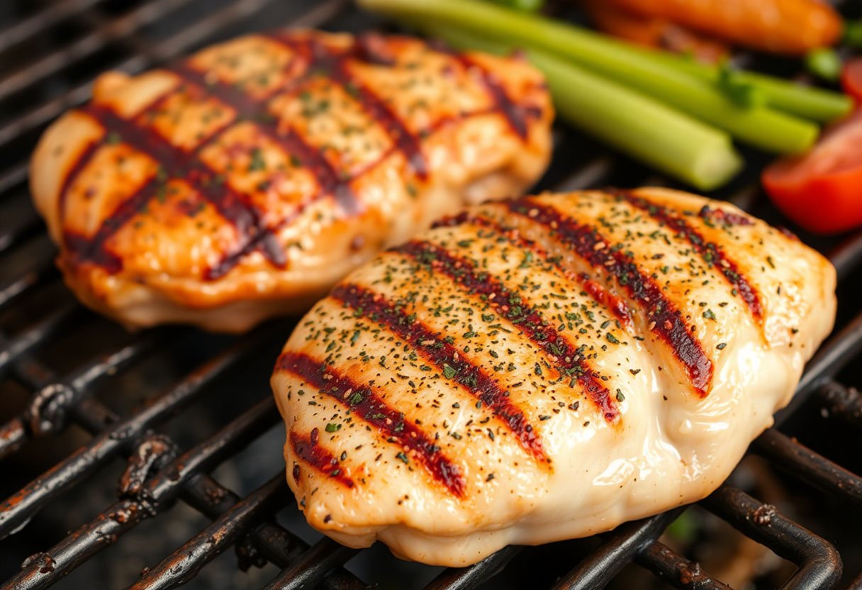 Grilled chicken breast being seasoned