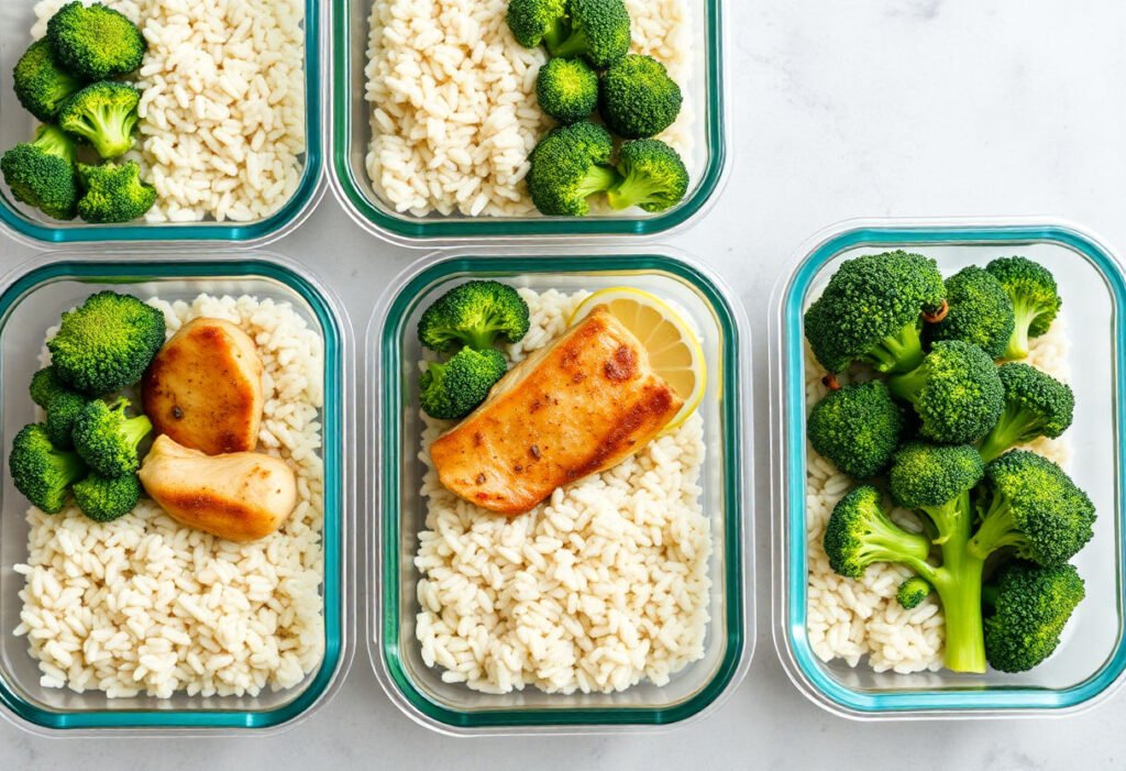 Meal prep containers with chicken, rice, and broccoli