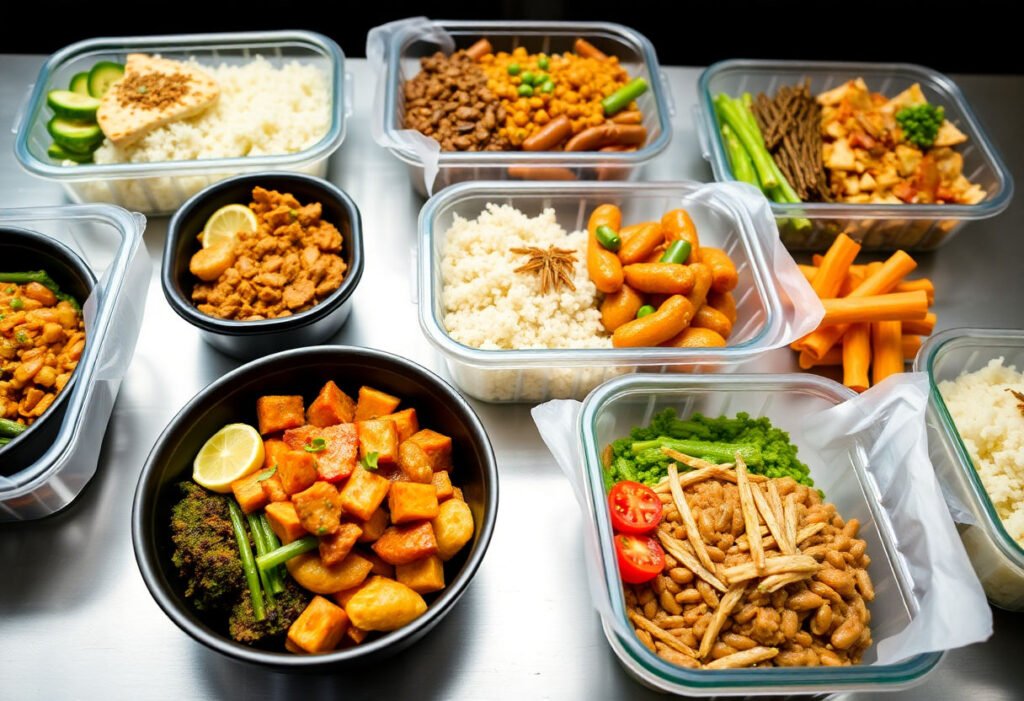 An array of Asian meal prep dishes in containers