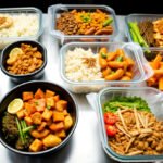 An array of Asian meal prep dishes in containers