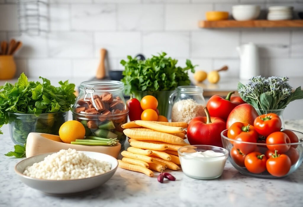 Healthy meal prep ingredients laid out on a kitchen counter for psoriasis relief