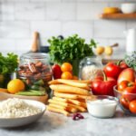 Healthy meal prep ingredients laid out on a kitchen counter for psoriasis relief