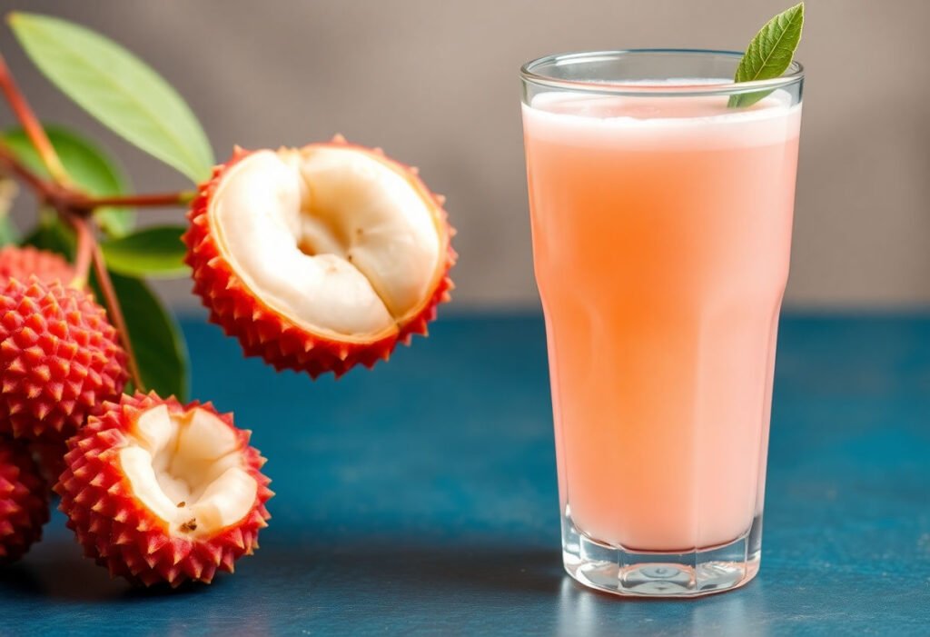 Fresh lychee fruit and a glass of lychee juice