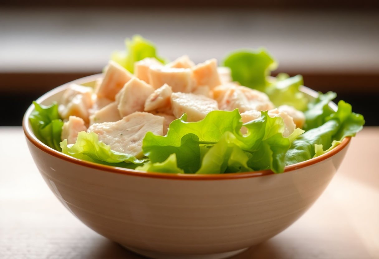 Bowl of classic chicken salad with lettuce.