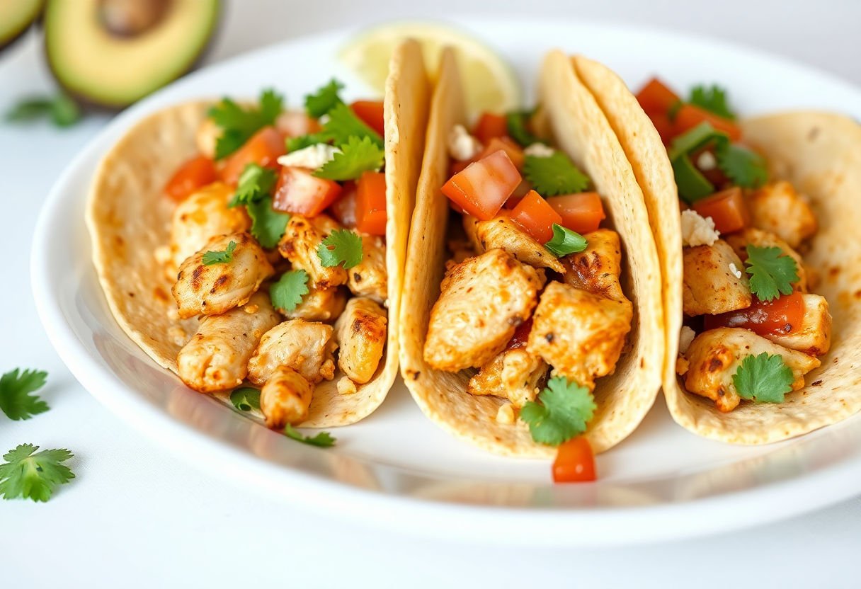 Plate of chicken tacos with toppings.