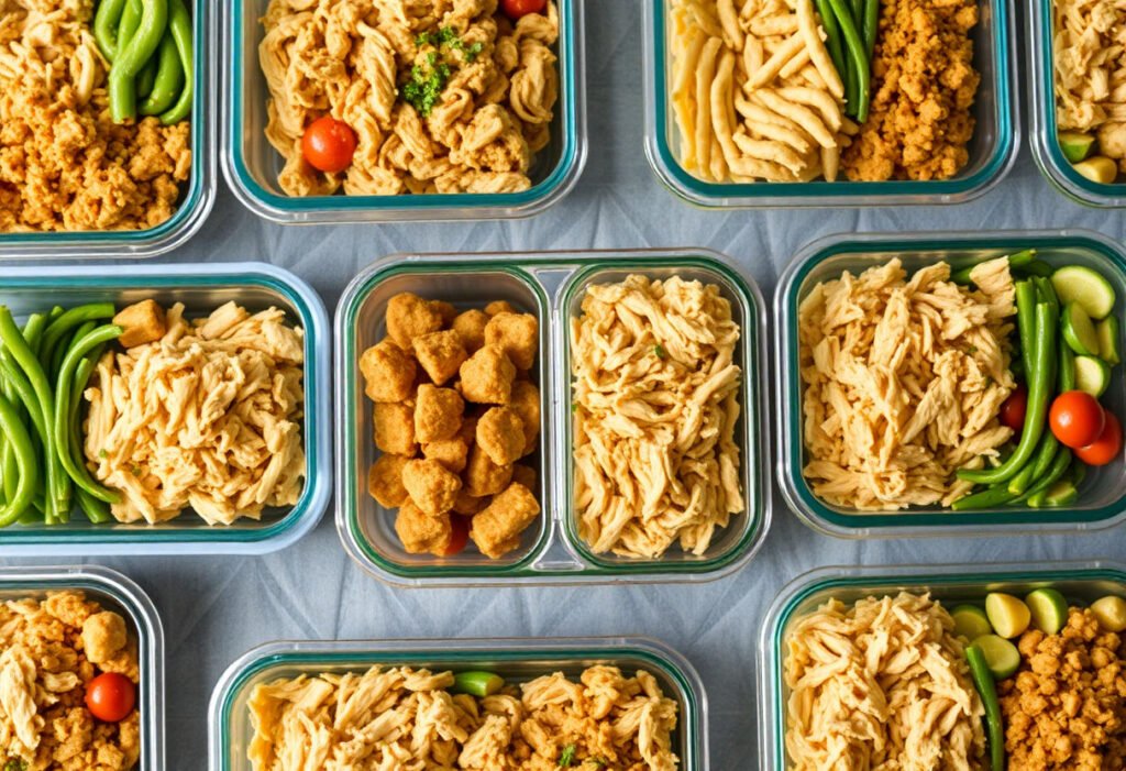 A variety of meal prep containers with shredded chicken dishes.