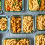 A variety of meal prep containers with shredded chicken dishes.