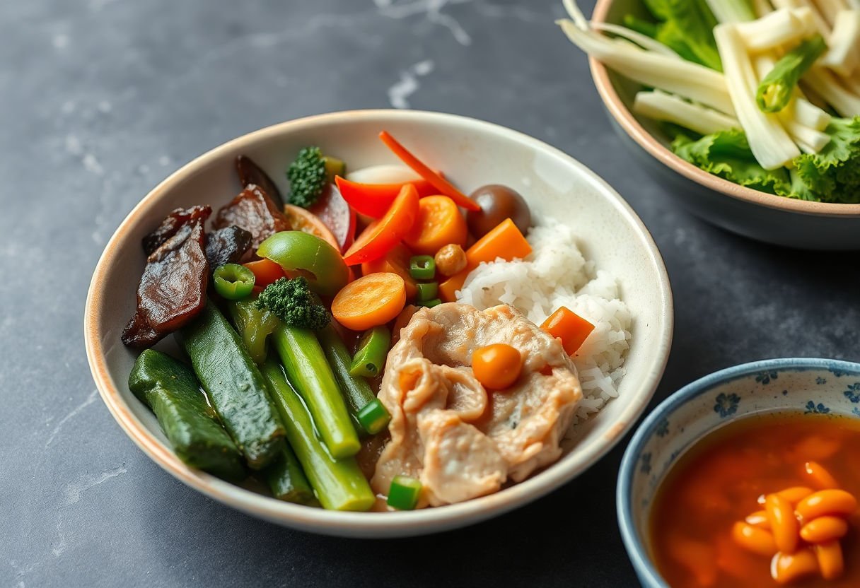 A balanced Asian meal with vegetables and proteins