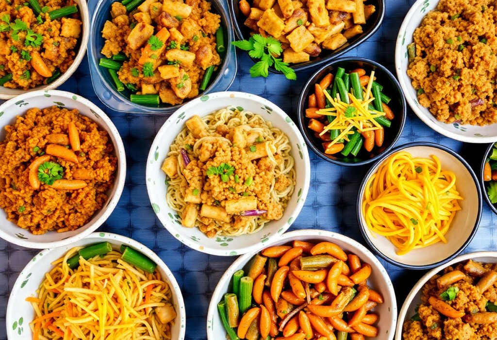 An array of colorful Asian meal prep dishes