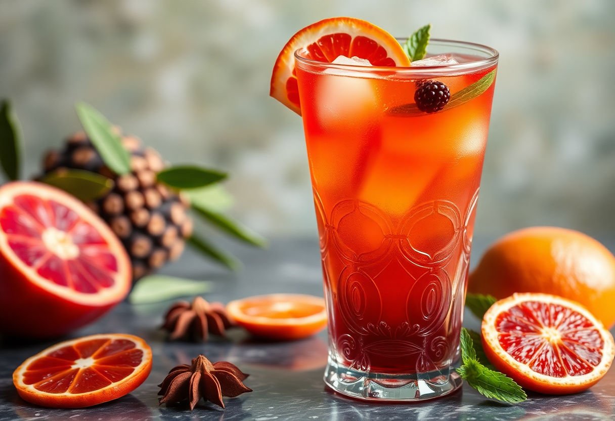 Exotic spiced fruit punch in a decorative glass.