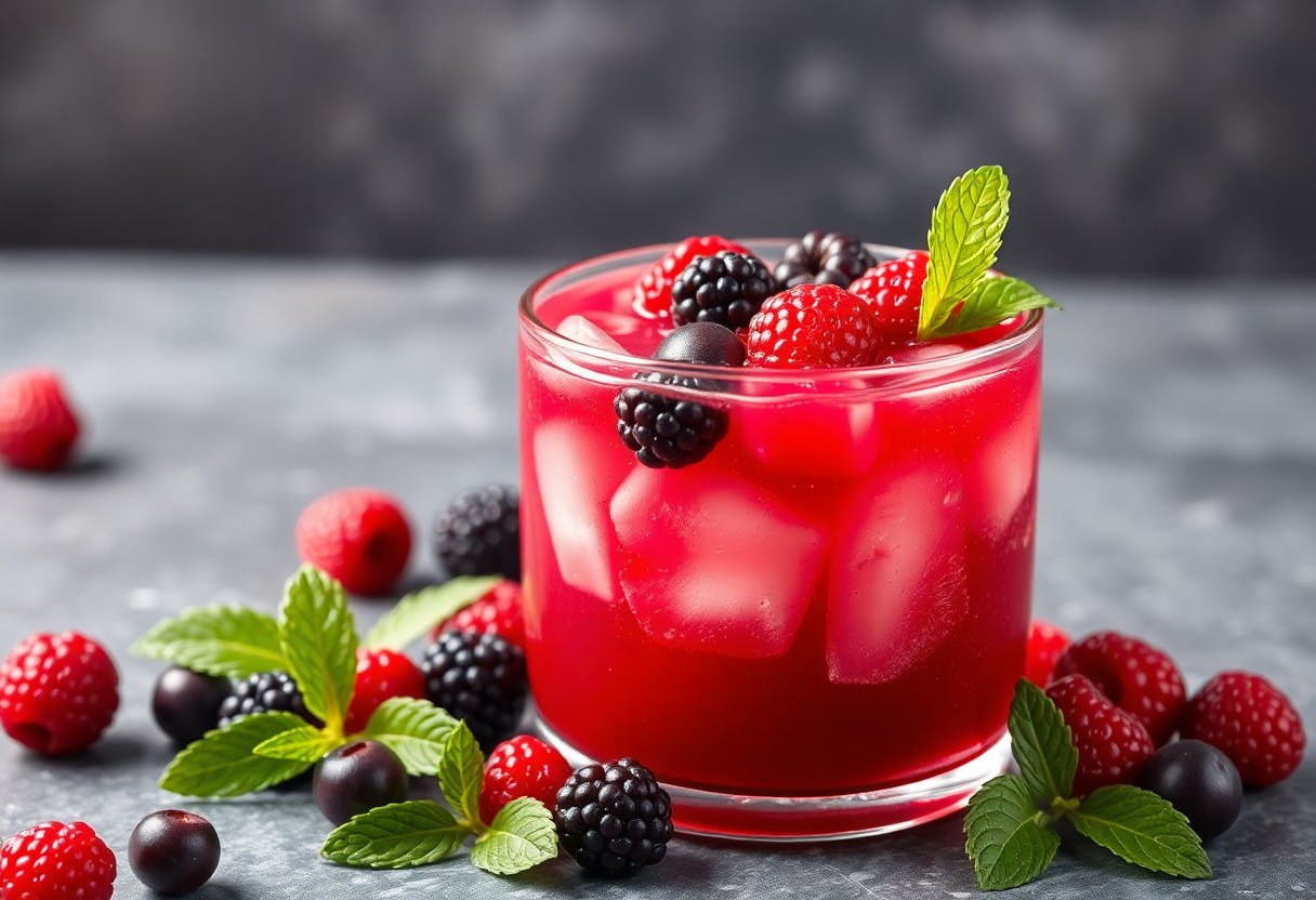 Berry fruit punch garnished with fresh berries.