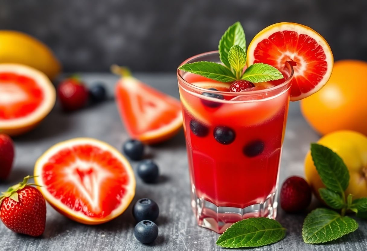 Vegan fruit punch with a decorative fruit garnish.