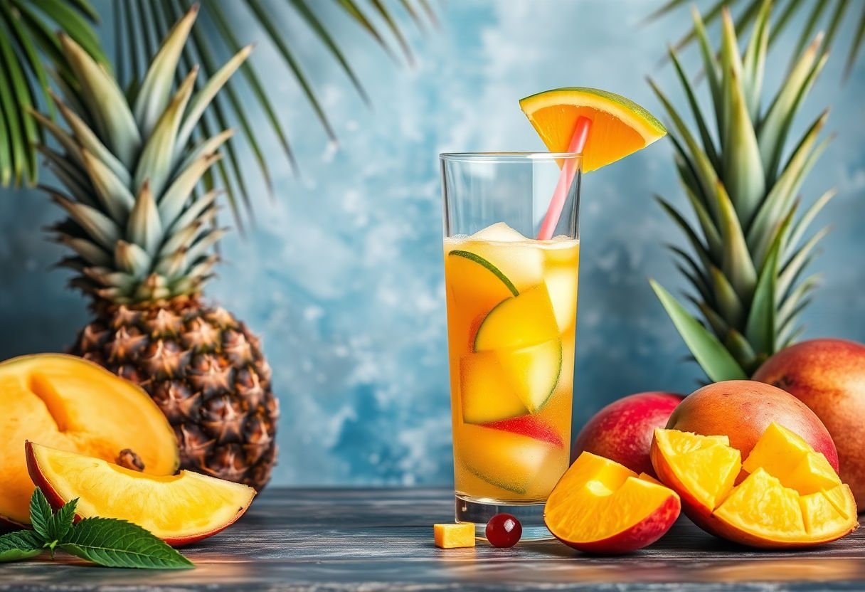 Tropical fruit punch with pineapple and mango.