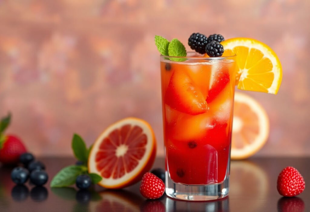 A glass of refreshing fruit punch juice with vibrant colors.