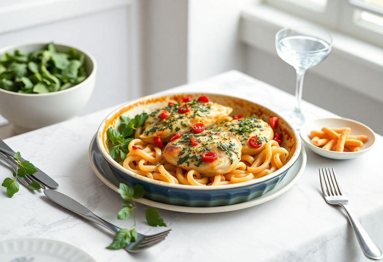 Serving suggestions shown with chicken pesto bake on a beautifully arranged table.