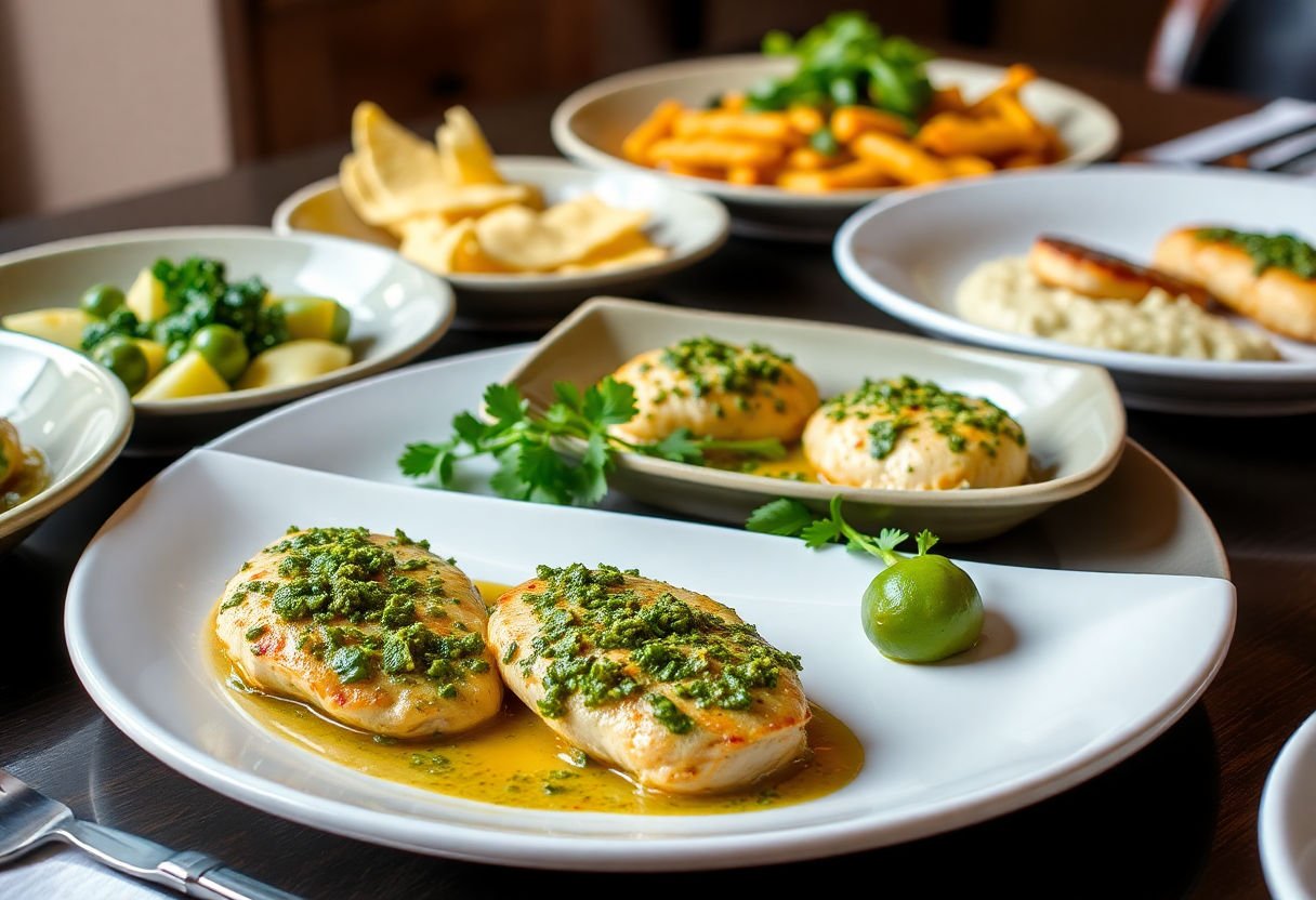 Different dishes featuring chicken pesto displayed on a dining table.