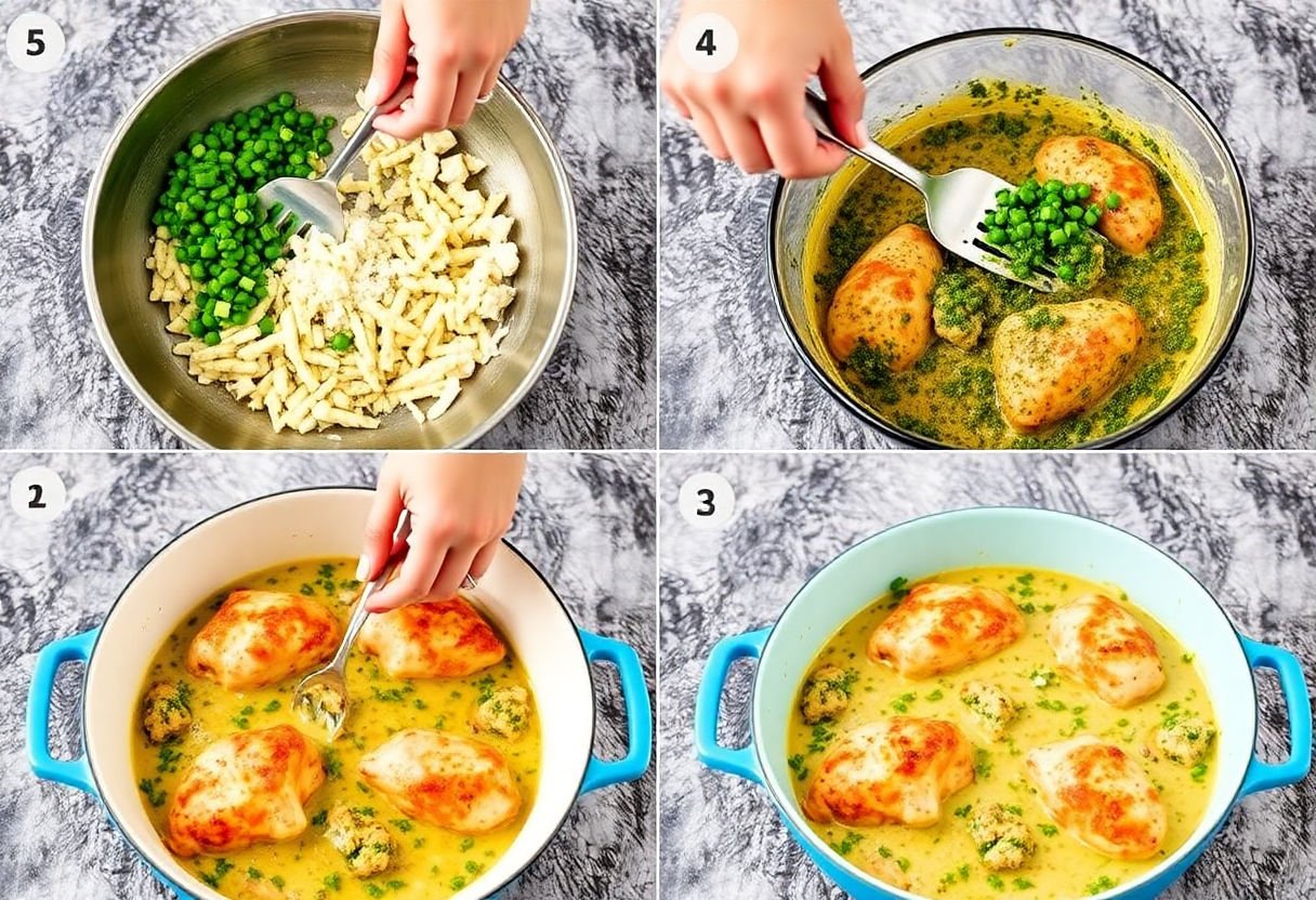 Step-by-step photographic guide showing the process of making chicken pesto bake.