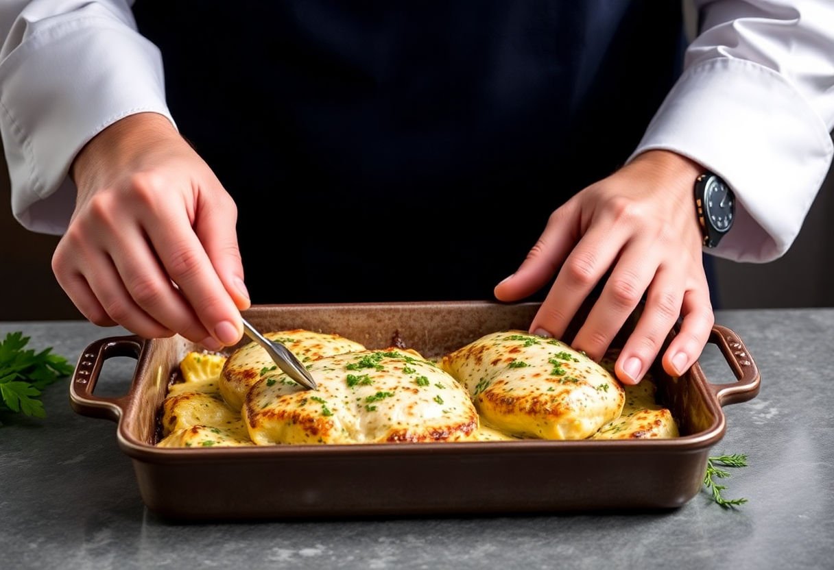 Chef's hands applying finishing touches to a chicken pesto bake.