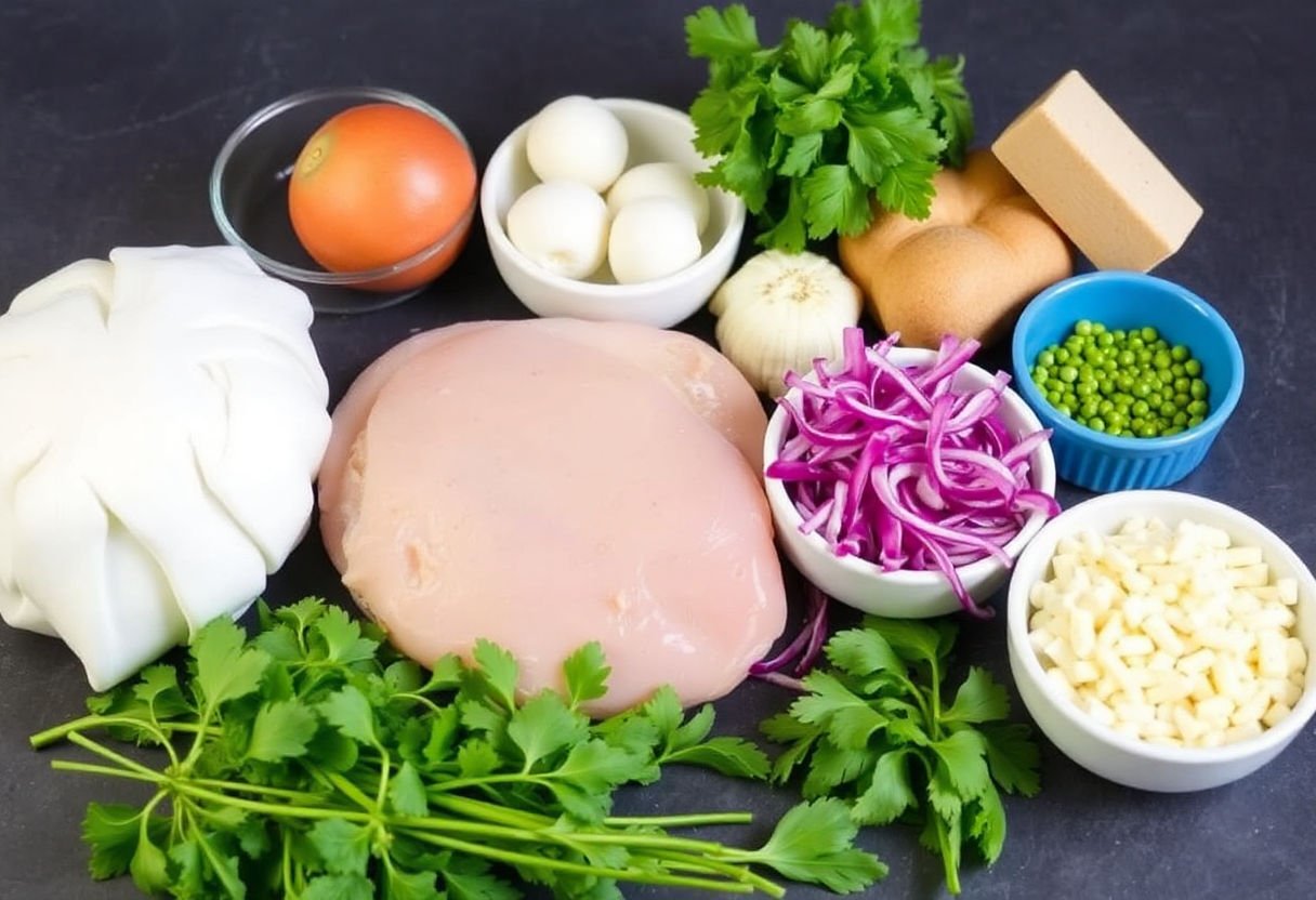 An assortment of ingredients needed for a chicken pesto recipe.