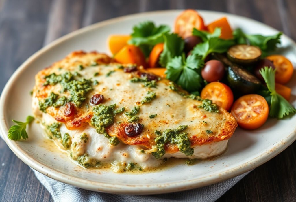 A freshly baked chicken pesto dish served with a side of vegetables.