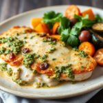 A freshly baked chicken pesto dish served with a side of vegetables.