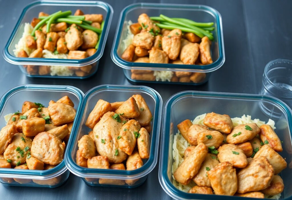 High-protein chicken meal prep dishes in containers