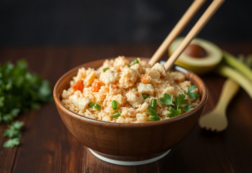 A delicious bowl of chicken fried rice ready for meal prep.