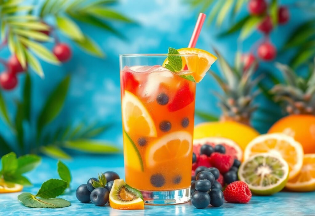 A vibrant glass of fruit punch juice with tropical fruits