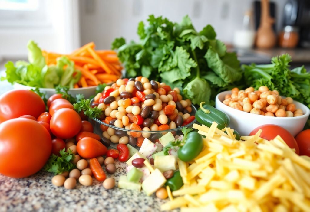 A variety of colorful bean salad ingredients on a kitchen counter.