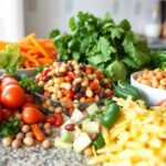 A variety of colorful bean salad ingredients on a kitchen counter.