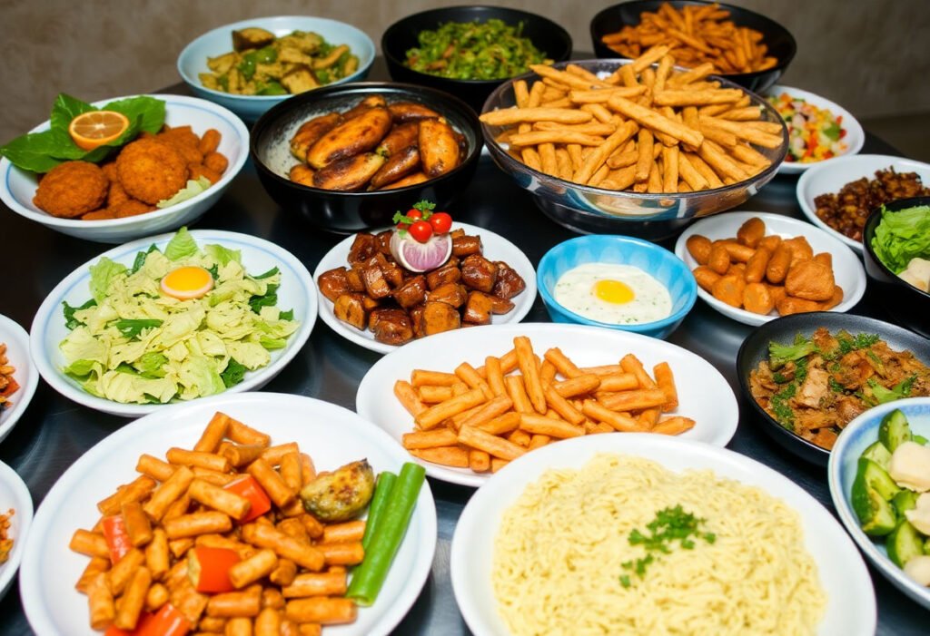 A variety of prepared meals neatly organized on a table