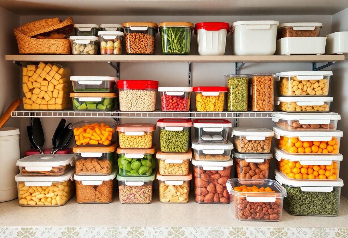 Organized kitchen with various food storage containers