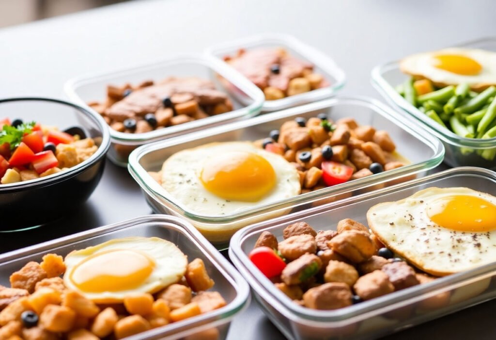 A variety of prepared breakfast dishes perfect for meal prepping.