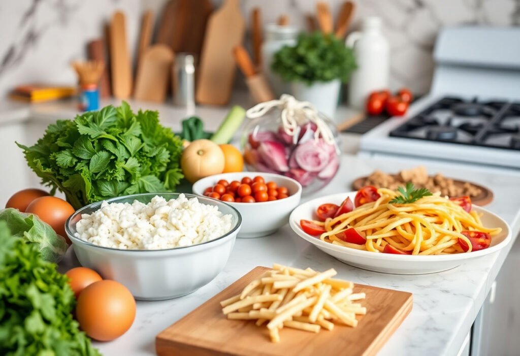 Ingredients and prepared meals on a kitchen counter