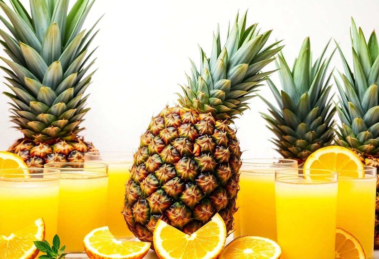 Fresh pineapple surrounded by glasses of pineapple juice